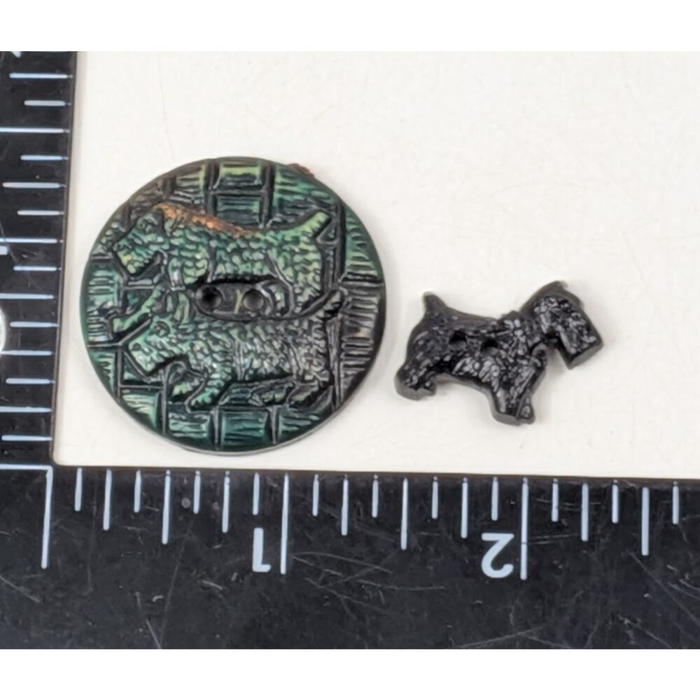 Vintage Scottie Dog Buttons Lot of 2 Scottish Terrier Figural Green Black Craft